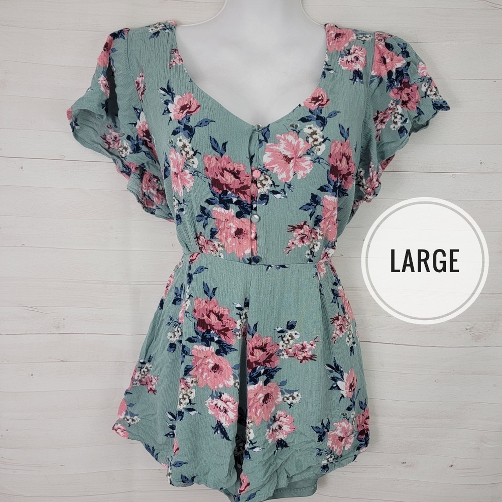 Large Teal & Pink Floral Print Romper